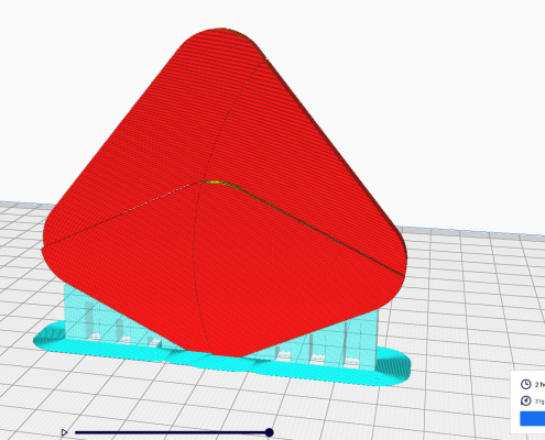 Vorschau des geslicten Modells (Rot) mit Support (Blau) Modell für den 3D-Drucker innerhalb der CAD-Software