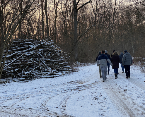 Weg im Silberwald bei der Winterwanderung Das Team von ATR Software von hinten auf dem Weg zum Abendessen durch den Silberwald in Neu-Ulm.