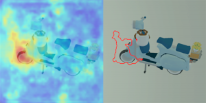 Heatmap und Segmentierung eines Blender Modells der LEGO Vespa mit fehlerhaftem Kotflügel