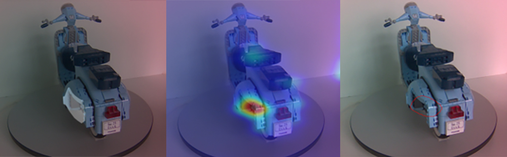Reale_Vespa_mit_Markeirungen_Fehlteile Foto der realen Vespa mit überblendeter Maske von fehlendem Teil (links), Heatmap (mitte) und Segmentierung (rechts).