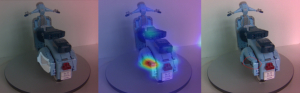 Foto der realen Vespa mit überblendeter Maske von fehlendem Teil (links), Heatmap (mitte) und Segmentierung (rechts).